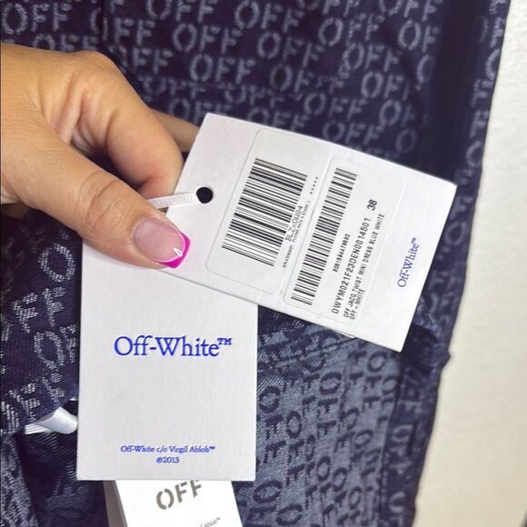 NWT- OFF-WHITE Navy Button-Up Shirt with Patterned logo Print- size 38 (Size 2) - Picture 12 of 16